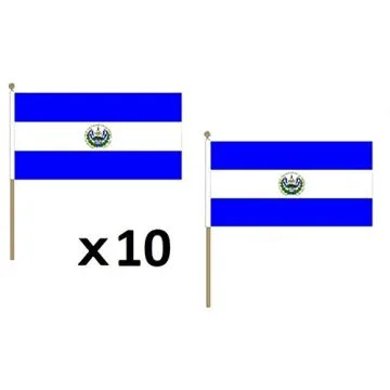DRAPEAU EL SALVADOR 45x30cm HAMPE en bois - LOT DE 10 DRAPEAUX SALVADORIEN 30 x 45 cm