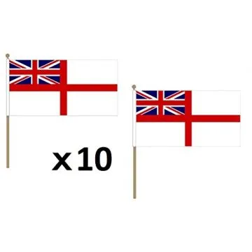 DRAPEAU MARINE MILITAIRE BRITANNIQUE 45x30cm HAMPE en bois - LOT DE 10 DRAPEAUX ROYAL NAVY WHITE ENSIGN - PAVILLON SAINT GEORGES 30 x 45 cm
