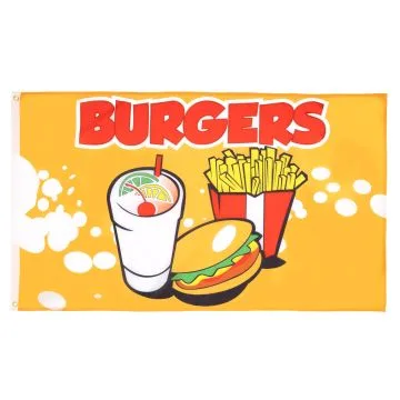 DRAPEAU HAMBURGER FAST FOOD 150x90cm - DRAPEAU AVEC BURGERS 90 x 150 cm - DRAPEAUX