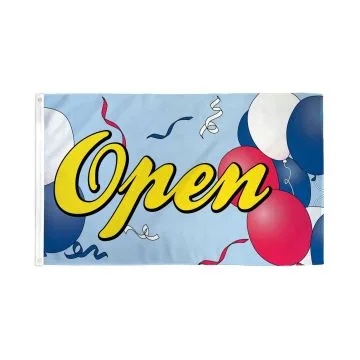 DRAPEAU C\'EST OUVERT AVEC BALLONS 150x90cm - DRAPEAU IT\'S OPEN 90 x 150 cm - DRAPEAUX