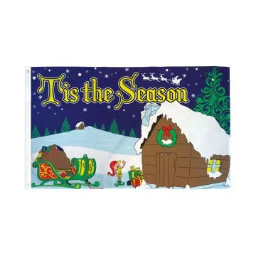 DRAPEAU C\'EST LA SAISON MAISON AVEC NEIGE 150x90cm - DRAPEAU TIS THE SEASON 90 x 150 cm - DRAPEAUX
