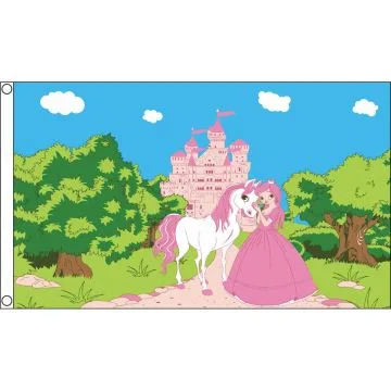 DRAPEAU CHÂTEAU DE PRINCESSE AVEC PONEY 150x90cm - DRAPEAU DES PRINCESSES 90 x 150 cm - DRAPEAUX
