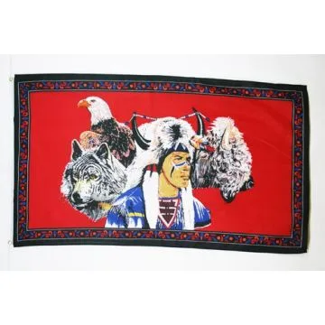 DRAPEAU INDIEN AVEC LOUP 150x90cm - DRAPEAU INDIEN 90 x 150 cm - DRAPEAUX