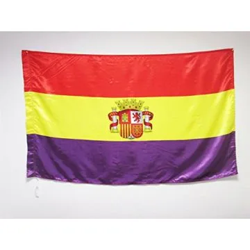DRAPEAU ESPAGNOL RÉPUBLICAIN AVEC ÉCUSSON 150x90cm en SATIN - DRAPEAU ESPAGNE RÉPUBLICAINE 90 x 150 cm Fourreau pour hampe