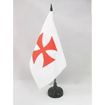 DRAPEAU DE TABLE TEMPLIERS ORDRE DU TEMPLE 21x14cm - PETIT DRAPEAUX DE BUREAU CROIX PATTEE ROUGE 14 x 21 cm