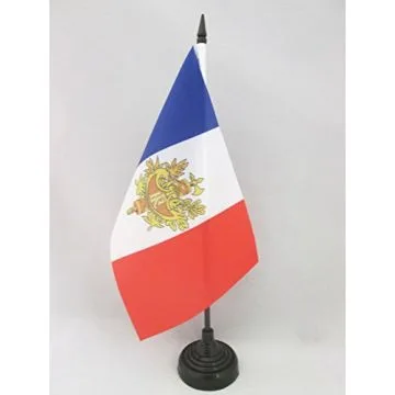 DRAPEAU DE TABLE FRANCE AVEC ARMOIRIES 21x14cm - PETIT DRAPEAUX DE BUREAU RÉPUBLIQUE FRANÇAISE AVEC ARMES 14 x 21 cm