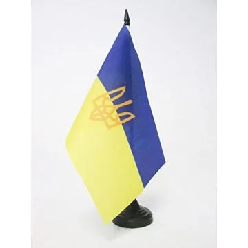 DRAPEAU DE TABLE UKRAINE AVEC ARMES 21x14cm - PETIT DRAPEAUX DE BUREAU UKRAINIEN 14 x 21 cm