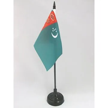 DRAPEAU DE TABLE TURKMENISTAN ANCIEN 15x10cm - PETIT DRAPEAUX DE BUREAU TURKMÈNE 10 x 15 cm
