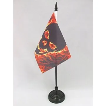 DRAPEAU DE TABLE TÊTE DE MORT AVEC FEU 15x10cm - PETIT DRAPEAUX DE BUREAU PIRATE 10 x 15 cm