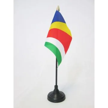 DRAPEAU DE TABLE SEYCHELLES 15x10cm - PETIT DRAPEAUX DE BUREAU SEYCHELLOIS 10 x 15 cm pointe dorée