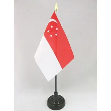 DRAPEAU DE TABLE SINGAPOUR 15x10cm - PETIT DRAPEAUX DE BUREAU SINGAPOURIEN 10 x 15 cm pointe dorée