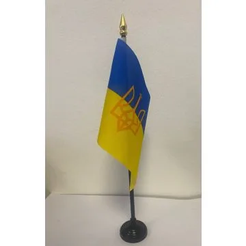 Drapeau de table Ukraine avec armes 15x10cm - PETIT Drapeaux DE BUREAU ukrainien 10 x 15 cm pointe dorée