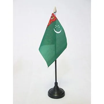 DRAPEAU DE TABLE TURKMÍ?NISTAN 15x10cm - PETIT DRAPEAUX DE BUREAU TURKMÍ?NE 10 x 15 cm pointe dorée