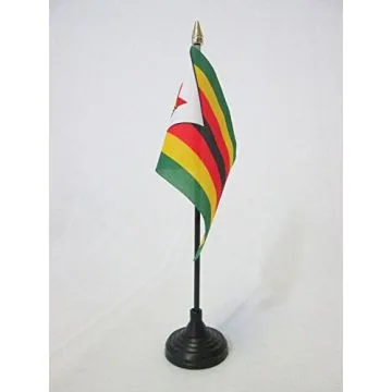 DRAPEAU DE TABLE ZIMBABWE 15x10cm - PETIT DRAPEAUX DE BUREAU ZIMBABWÍ?EN 10 x 15 cm pointe dorée