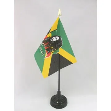 DRAPEAU DE TABLE BOB MARLEY 15x10cm - PETIT DRAPEAUX DE BUREAU JAMAÏCAIN - JAMAÏQUE 10 x 15 cm pointe dorée