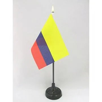 DRAPEAU DE TABLE COLOMBIE 15x10cm - PETIT DRAPEAUX DE BUREAU COLOMBIEN 10 x 15 cm pointe dorée