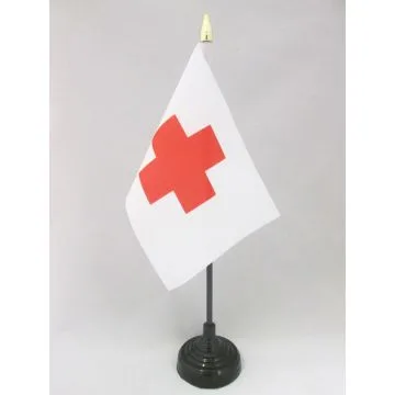 DRAPEAU DE TABLE CROIX ROUGE 15x10cm - PETIT DRAPEAUX DE BUREAU HUMANITAIRE 10 x 15 cm pointe dorée
