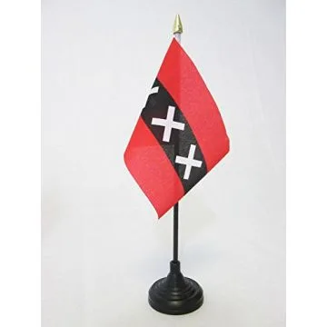 DRAPEAU DE TABLE AMSTERDAM 15x10cm - PETIT DRAPEAUX DE BUREAU HOLLANDAIS - PAYS-BAS 10 x 15 cm pointe dorée