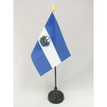 DRAPEAU DE TABLE EL SALVADOR 15x10cm - PETIT DRAPEAUX DE BUREAU SALVADORIEN 10 x 15 cm pointe dorée