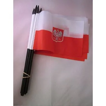 DRAPEAU POLOGNE AVEC AIGLE 15x10cm avec HAMPE - LOT DE 10 DRAPEAUX POLONAIS 10 x 15 cm